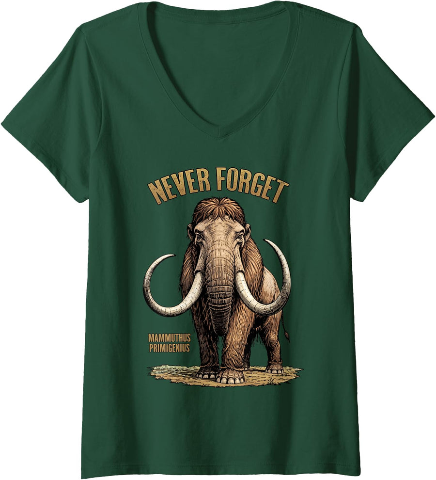 Women's Mammoths Extinct Animal Woolly Mammoth V-Neck T-Shirt - Dark Green