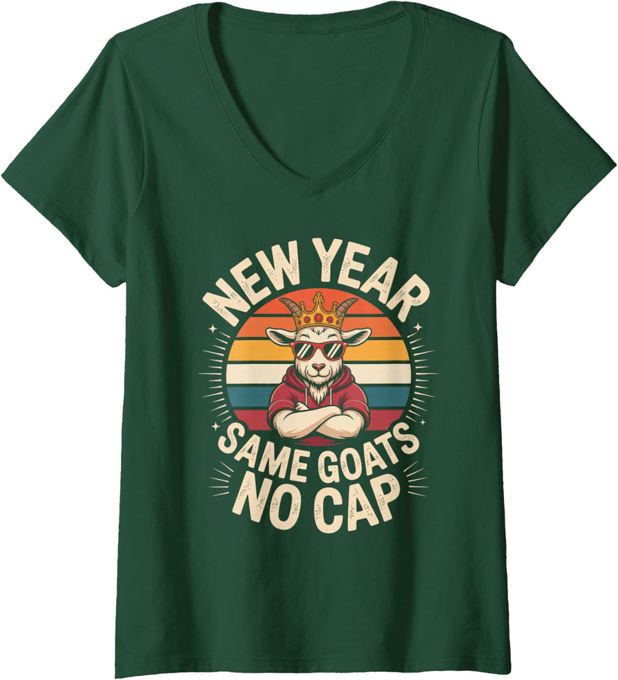 Women's Vintage NEW Year Same Goats NO Cap Goated Rizz Teacher Happy V-Neck T-Shirt - Dark Green