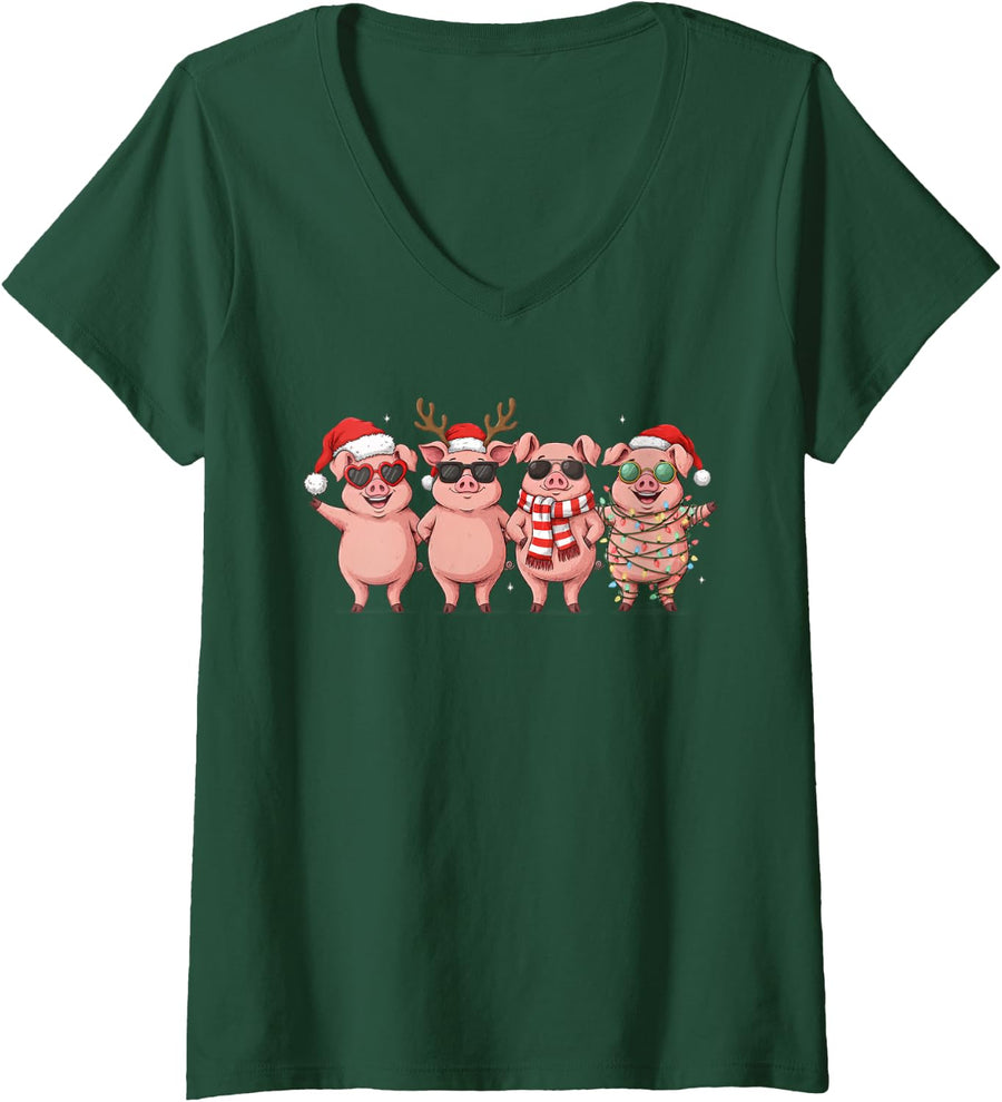 Women's Cute Pig Baby Funny Santa Hat Christmas Lights Holiday Xmas V-Neck T-Shirt - Dark Green