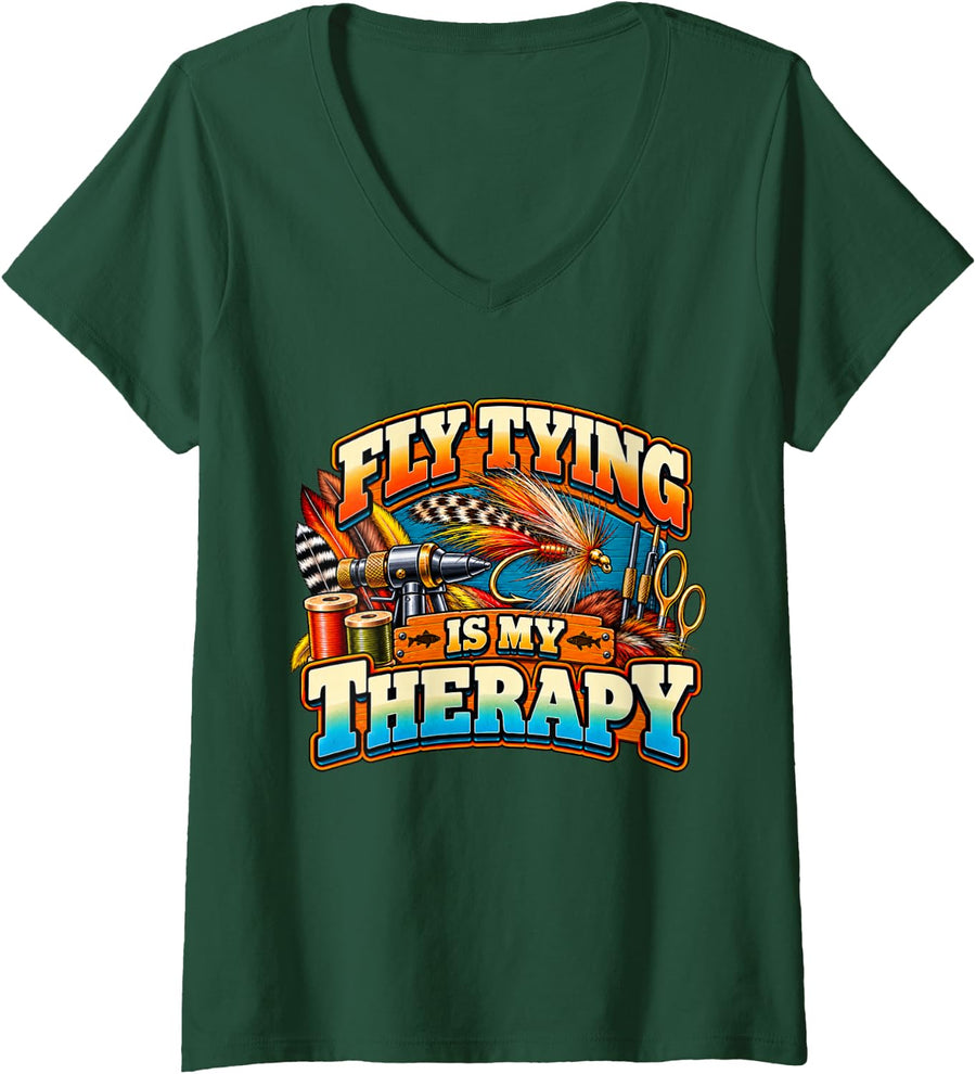Women's Fly Tying is My Therapy Funny Fly Fishing Fly Tyer V-Neck T-Shirt - Dark Green