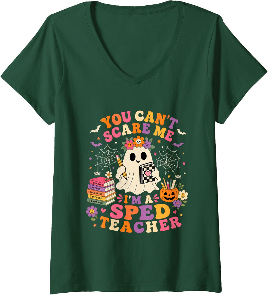 Women's You Can't Scare Me I'm A SPED Teacher Cute Halloween Ghost V-Neck T-Shirt - Dark Green