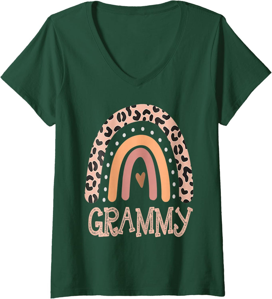 Womens Womens Grammy Life Leopard Rainbow Cheetah Print Grammy V-Neck T-Shirt - Dark Green