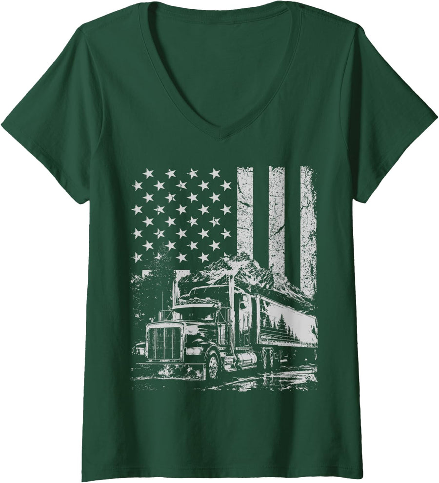 Women's Truck Driver American Flag Patriotic Big Rig Trucker Graphic V-Neck T-Shirt - Dark Green