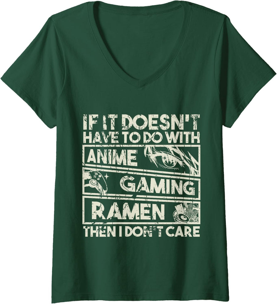 Women's Anime Gaming Ramen Lover Funny Otaku Gamer V-Neck T-Shirt - Dark Green