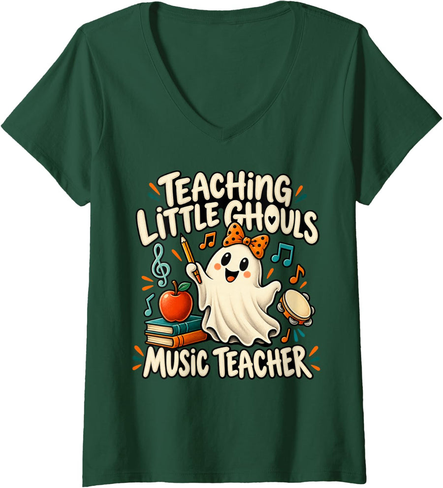 Women's Music Teacher Halloween Ghost School V-Neck T-Shirt - Dark Green