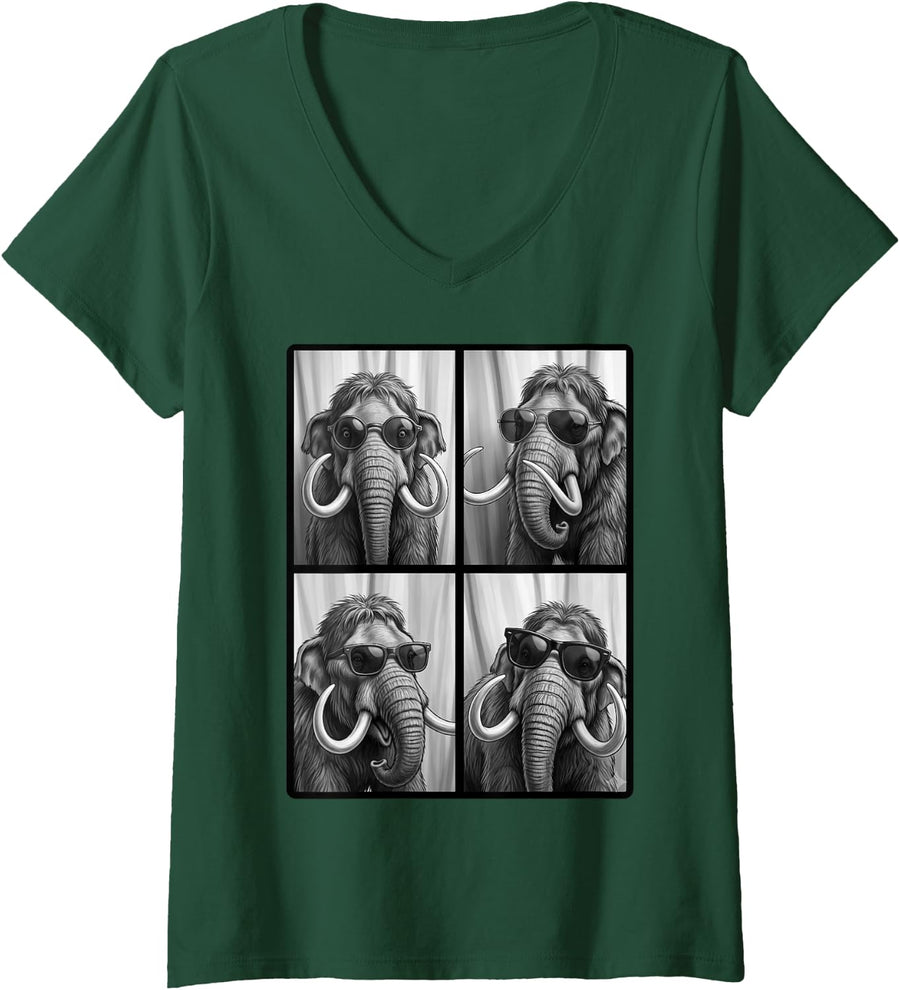 Women's Picture Mammoths Extinct Animal Woolly Mammoth V-Neck T-Shirt - Dark Green