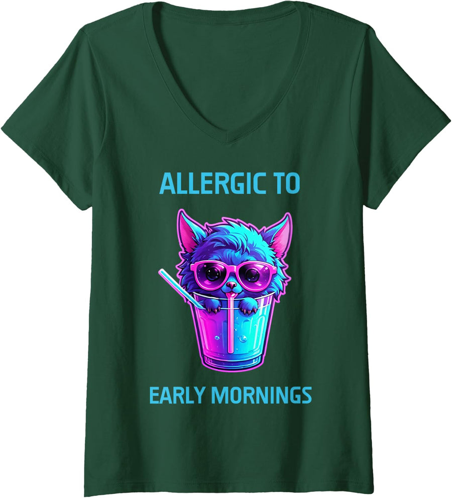 Women's Synthwave Studying Bat Exam Cramming Night Humor V-Neck T-Shirt - Dark Green