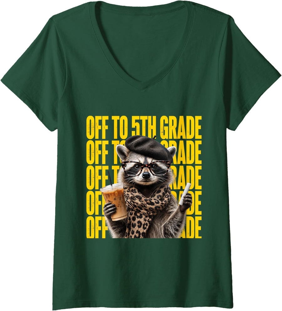 Women's Off to 5th Grade Raccoon Back to School Funny V-Neck T-Shirt - Dark Green