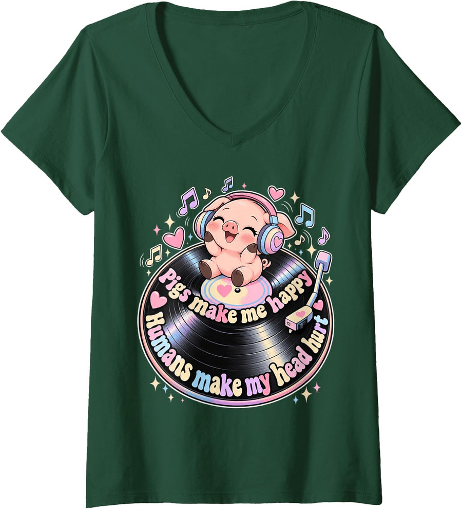 Women's Pigs Make Me Happy Kawaii Piglet Funny Piggy Music DJ V-Neck T-Shirt - Dark Green