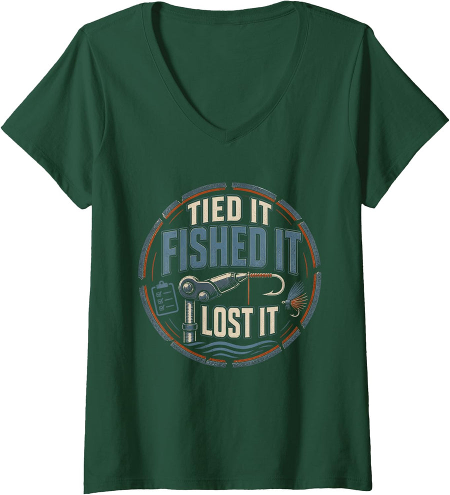 Women's Tied It Fished It Lost It Fly Fishing Trout Fly Tying V-Neck T-Shirt - Dark Green