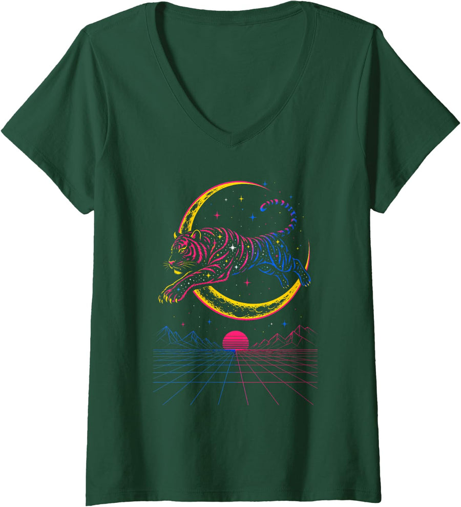 Women's Tiger Graphic Retro Vaporwave Synthwave Galaxy Aesthetic V-Neck T-Shirt - Dark Green