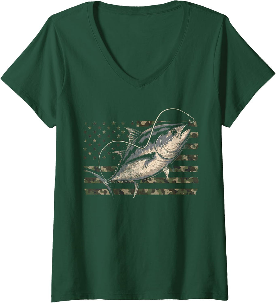 Women's Tuna Fishing Distressed Camo Flag V-Neck T-Shirt - Dark Green