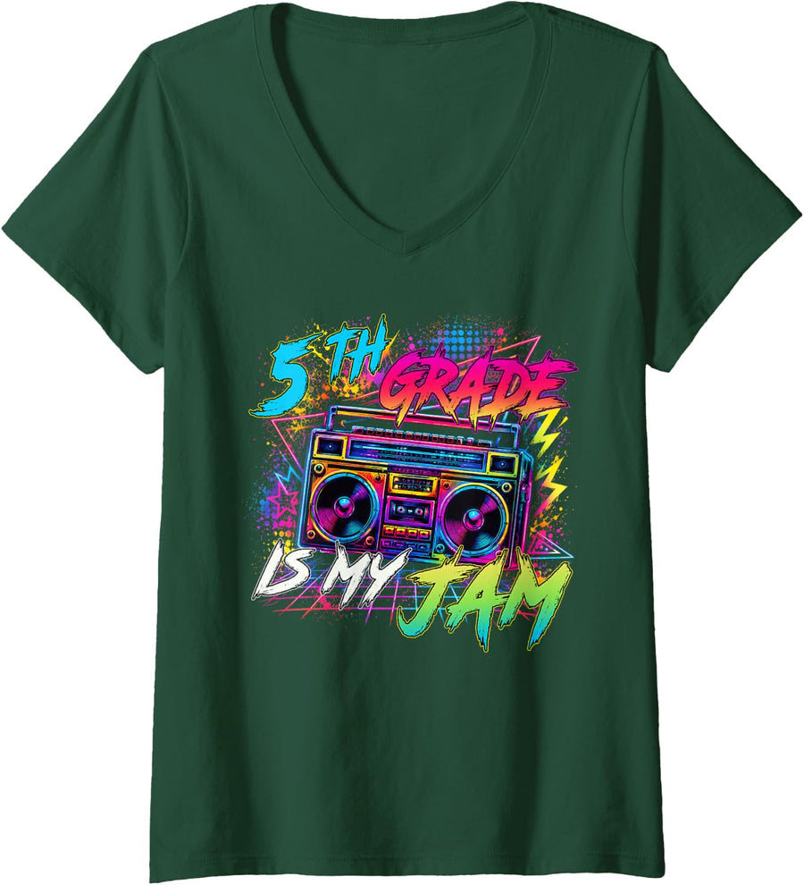 Women's Fifth Grade is My Jam Retro Back to School Teacher Student V-Neck T-Shirt - Dark Green