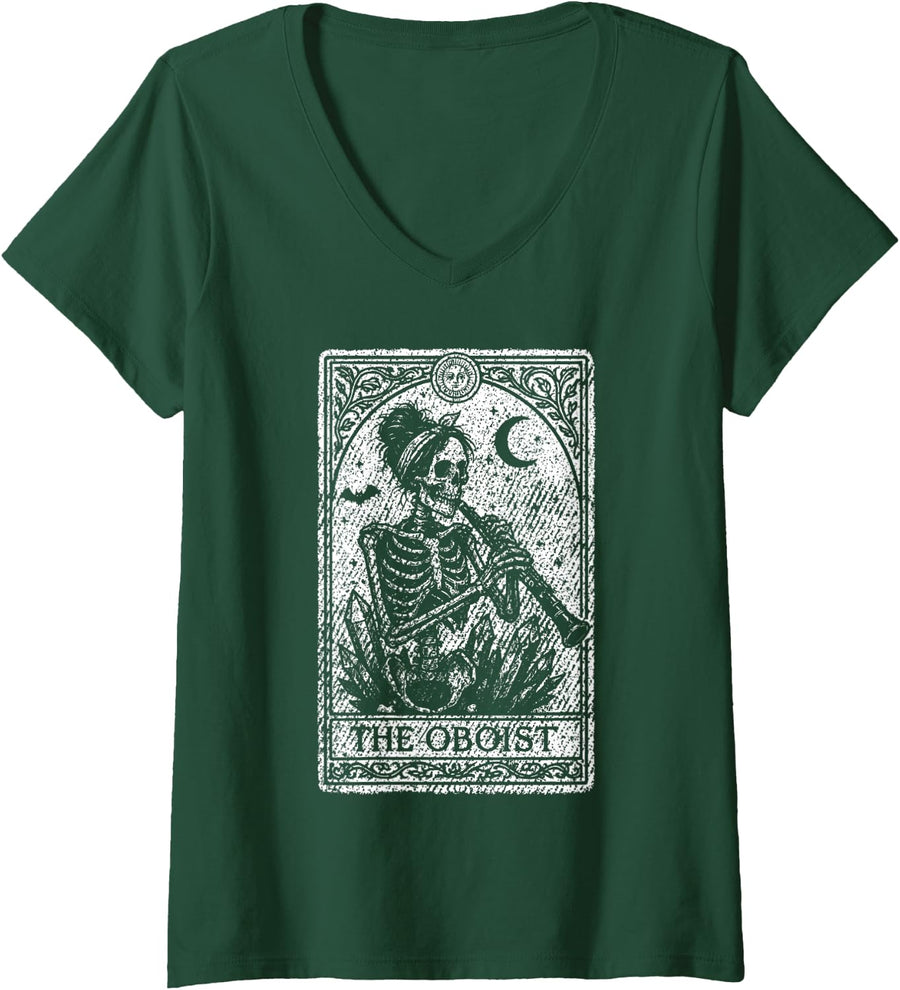 Women's Oboist Tarot Card Skeleton Music Teacher Halloween Costume V-Neck T-Shirt - Dark Green