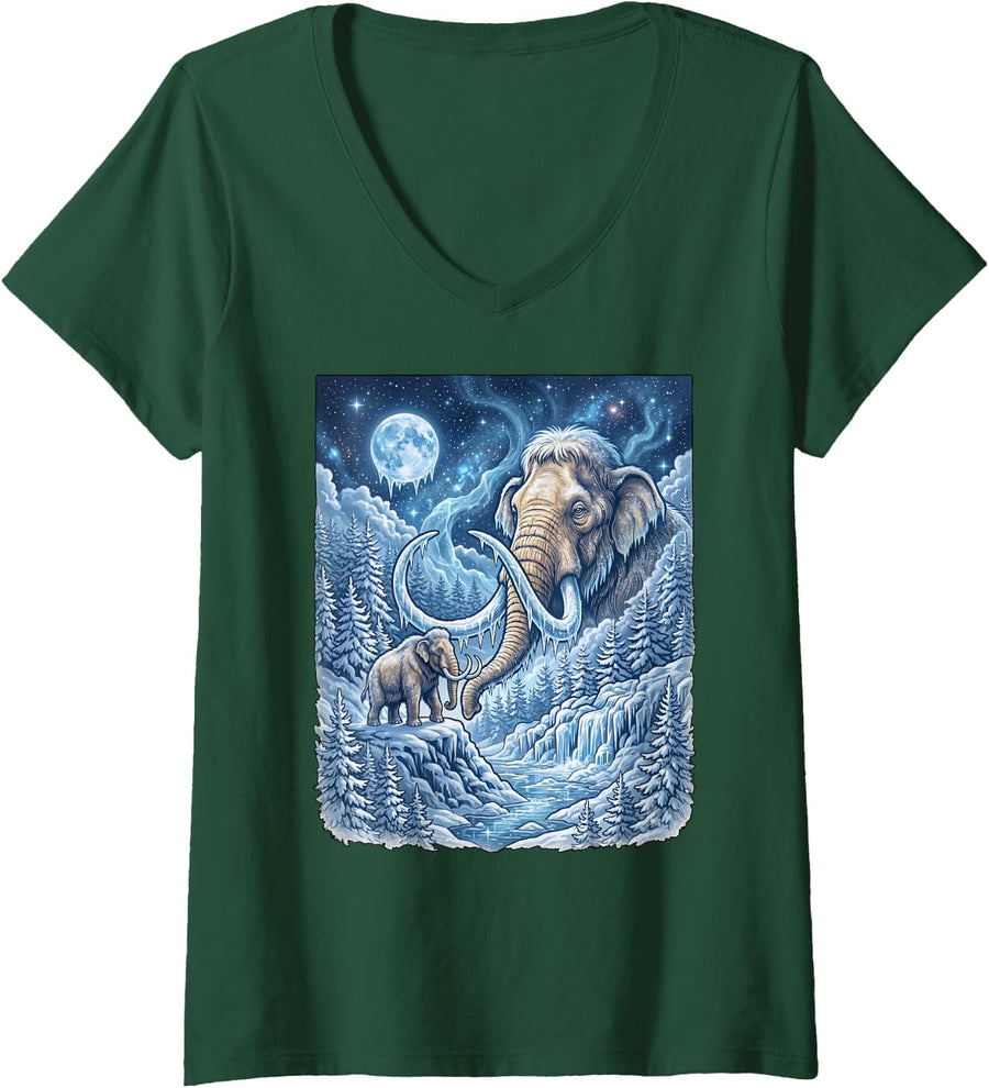 Women's Mammoths Extinct Animal Howling in Moon Woolly Mammoth V-Neck T-Shirt - Dark Green