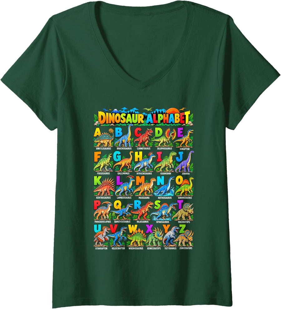 Women's Dinosaur Alphabet A-Z Types of Dinosaurs ABC Chart Dino V-Neck T-Shirt - Dark Green