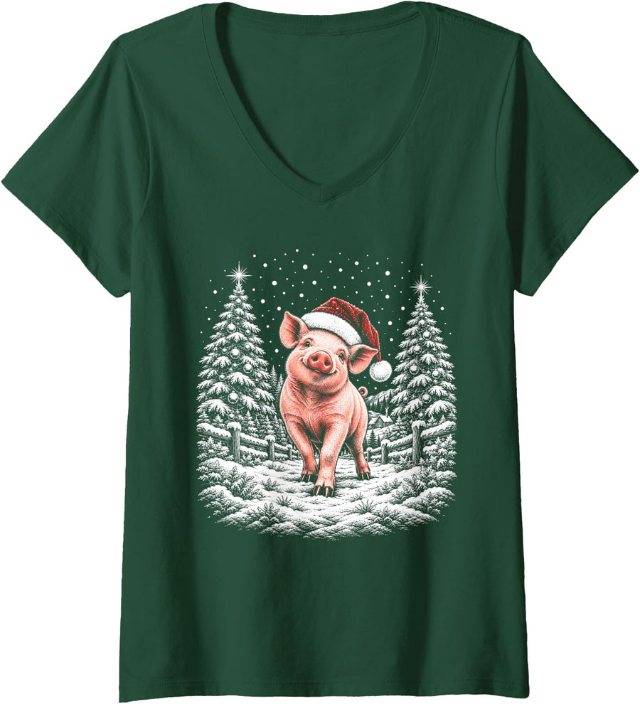 Women's Pig Santa Hat Christmas Farm Animal Retro Vintage V-Neck T-Shirt - Dark Green