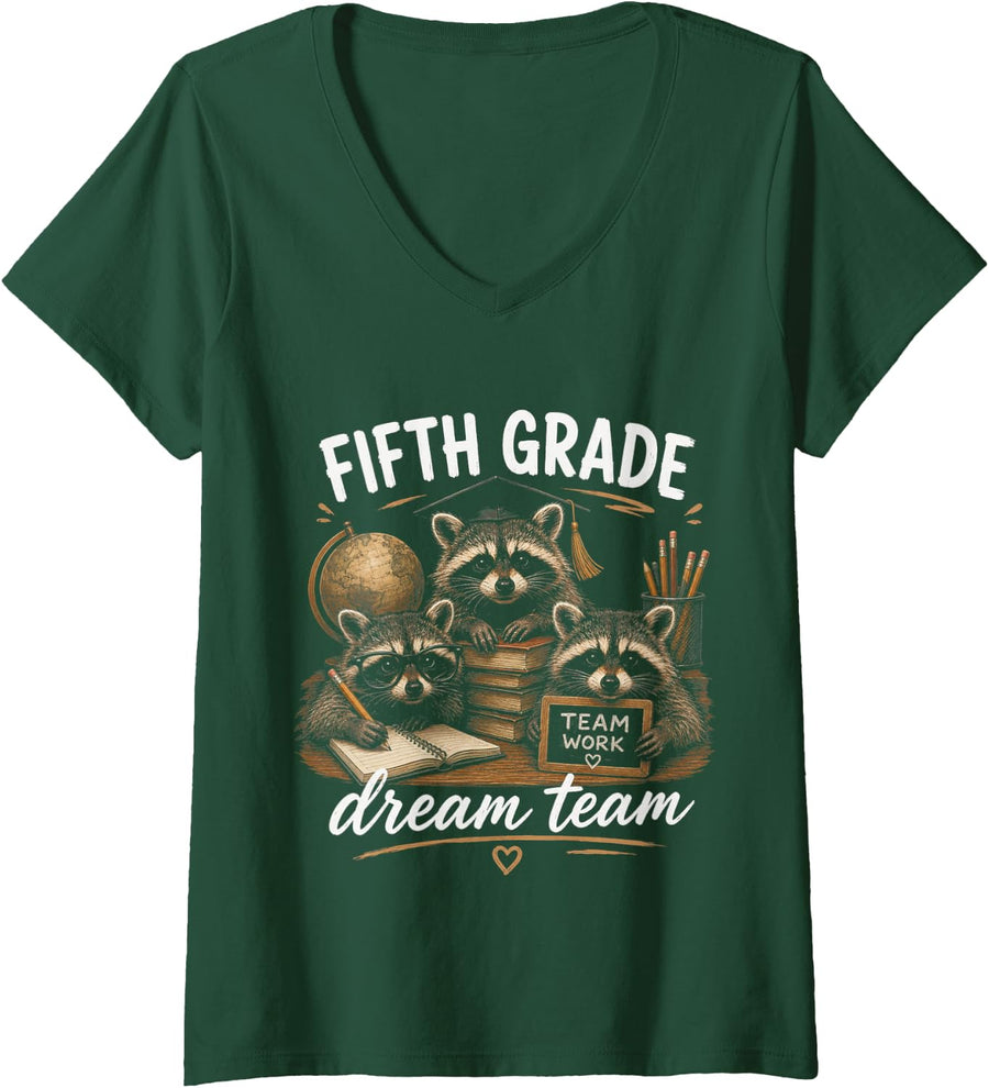 Women's 5th Fifth Grade Dream Team Back to School Raccoon Teacher V-Neck T-Shirt - Dark Green