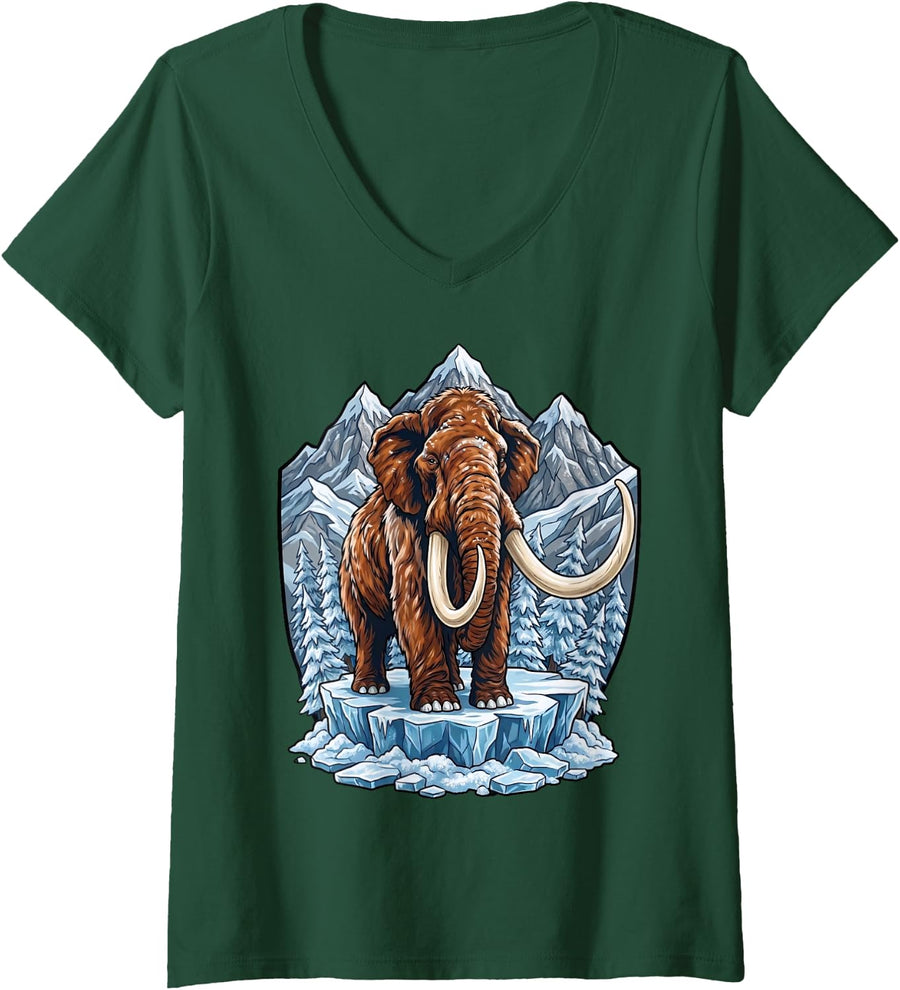 Women's Mammoths Extinct Animal Ice Woolly Mammoth V-Neck T-Shirt - Dark Green