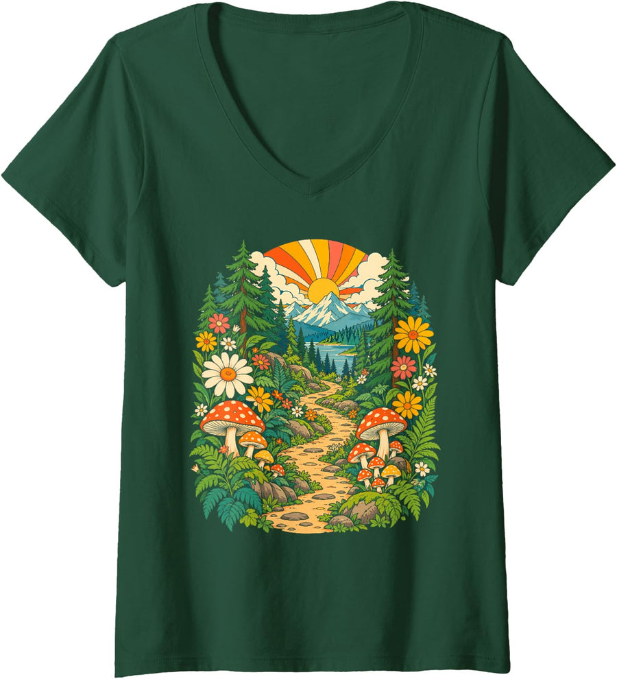 Women's Mushroom Forest Path Hiking Woodland Hikers V-Neck T-Shirt - Dark Green