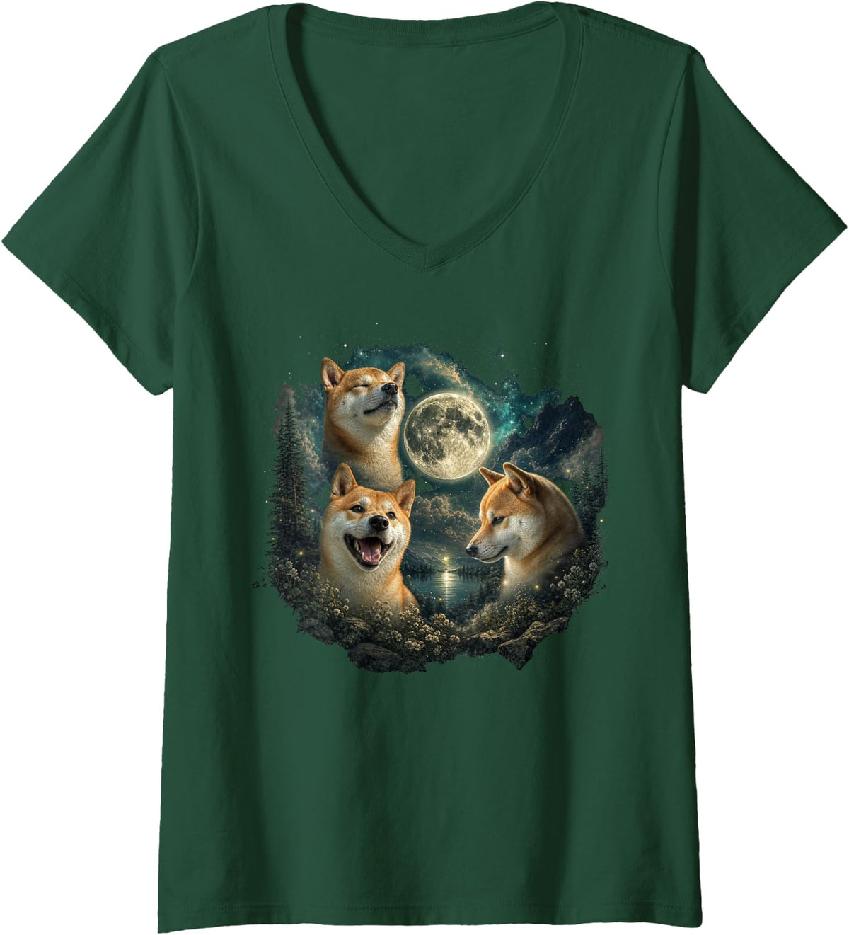 Women's Shiba Inu Faces with Full Moon and Stars V-Neck T-Shirt - Dark Green