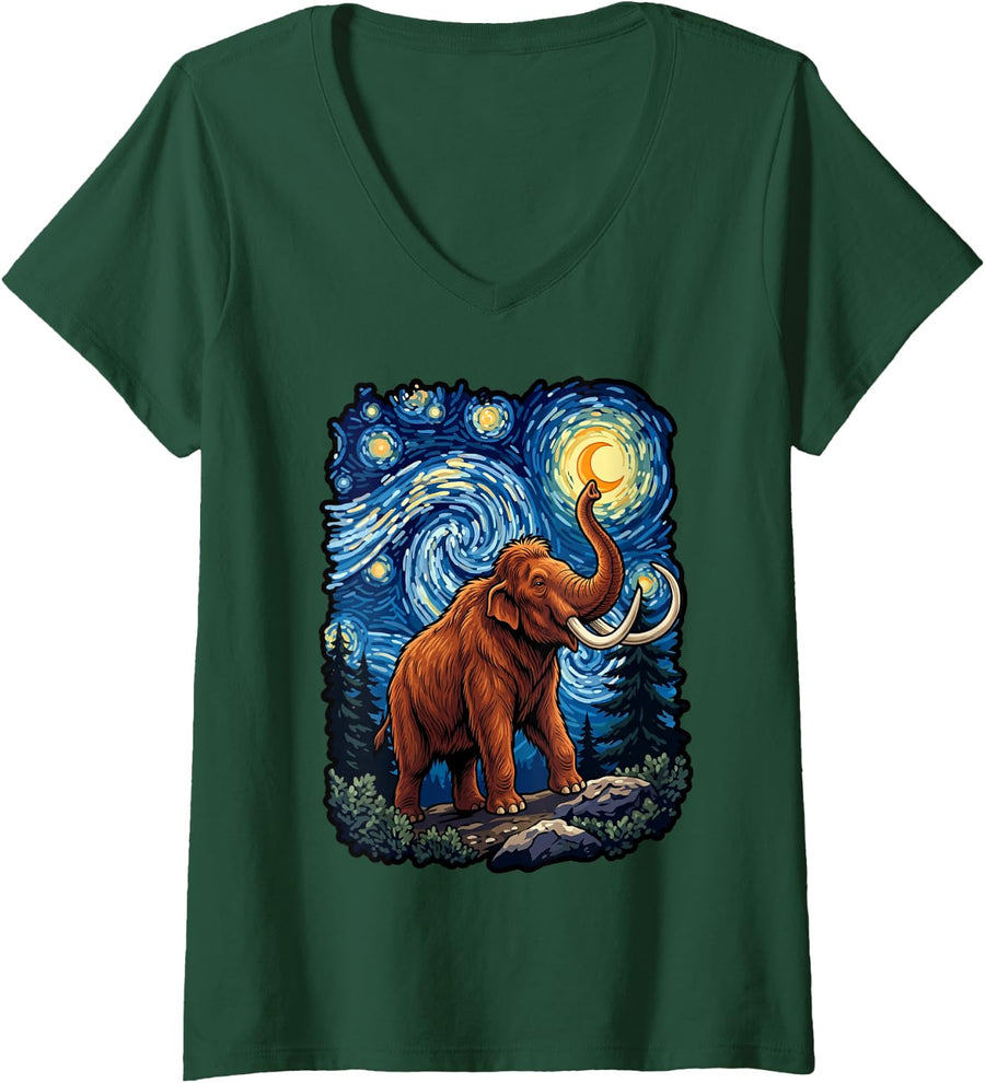 Women's Night Starry Mammoths Extinct Animal Woolly Mammoth V-Neck T-Shirt - Dark Green