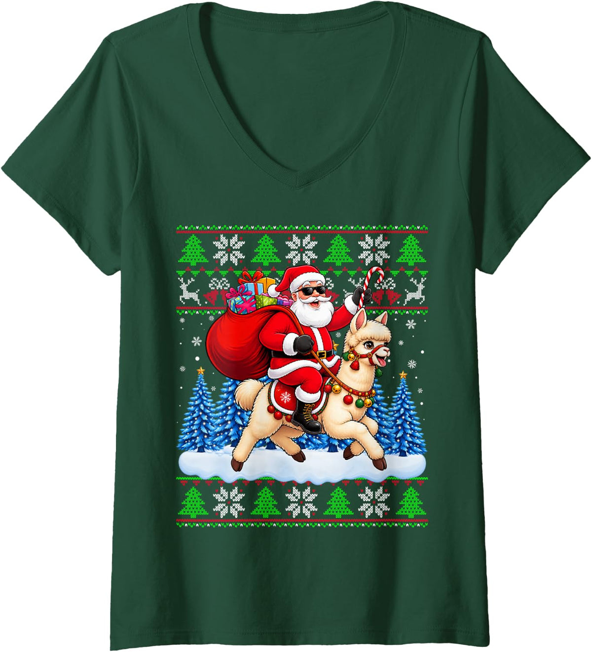 Women's Santa Riding Alpaca Animal Lovers Kids Boys Girls Xmas V-Neck T-Shirt - Dark Green