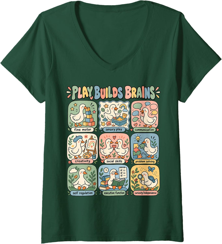 Women's Play Builds Brains Preschool Teacher Play Based Learning V-Neck T-Shirt - Dark Green