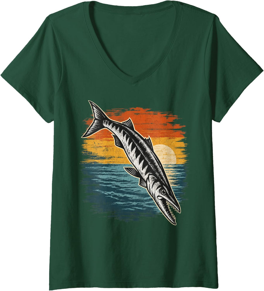 Women's Retro Barracuda Dive Surf Poster V-Neck T-Shirt - Dark Green