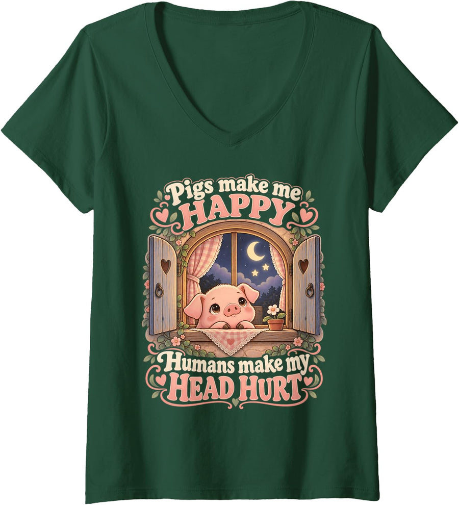 Women's Pigs Make Me Happy Kawaii Piglet Funny Piggy Window Pig V-Neck T-Shirt - Dark Green
