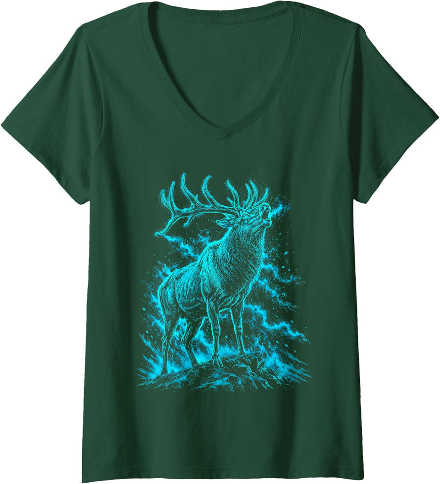 Women's Roaring Bull Elk Men Women Buck Wildlife Animal Deer V-Neck T-Shirt - Dark Green