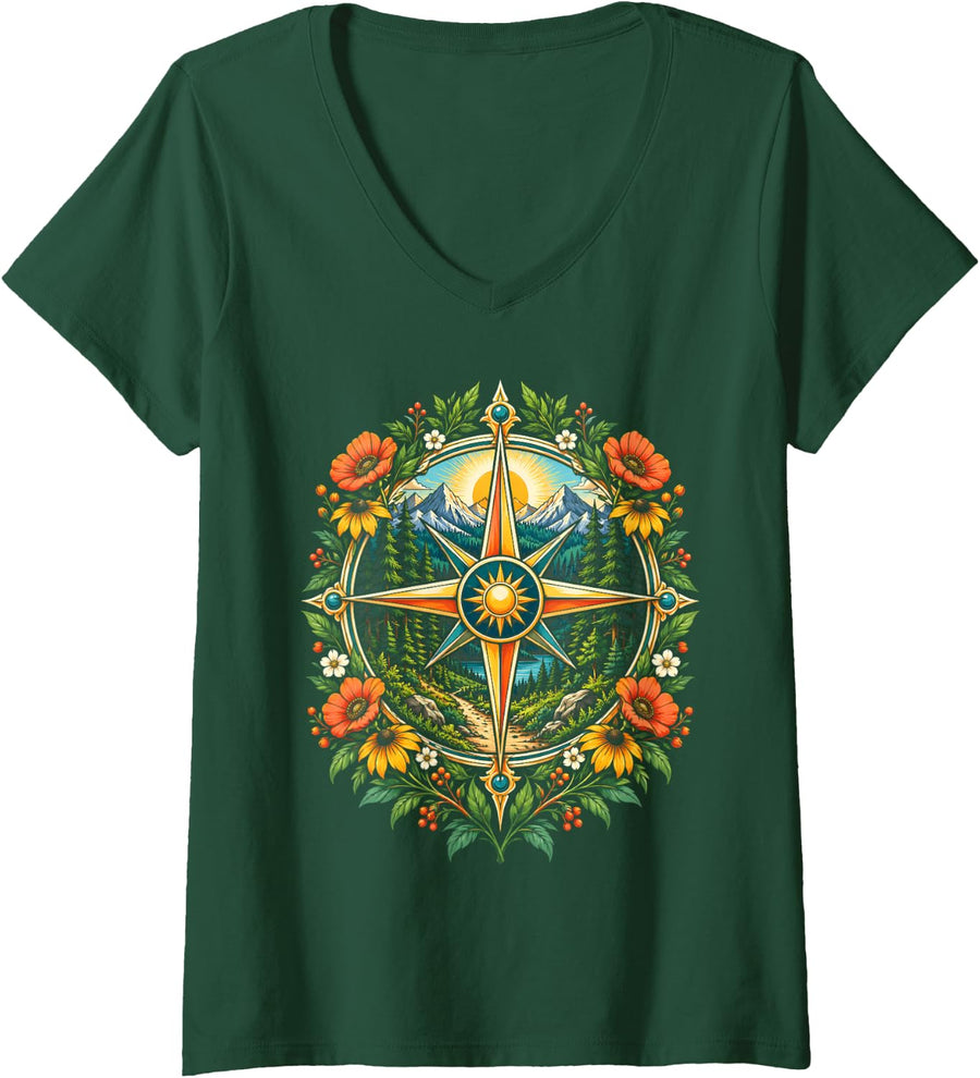 Women's Compass Trail Forest Hiking Hikers V-Neck T-Shirt - Dark Green