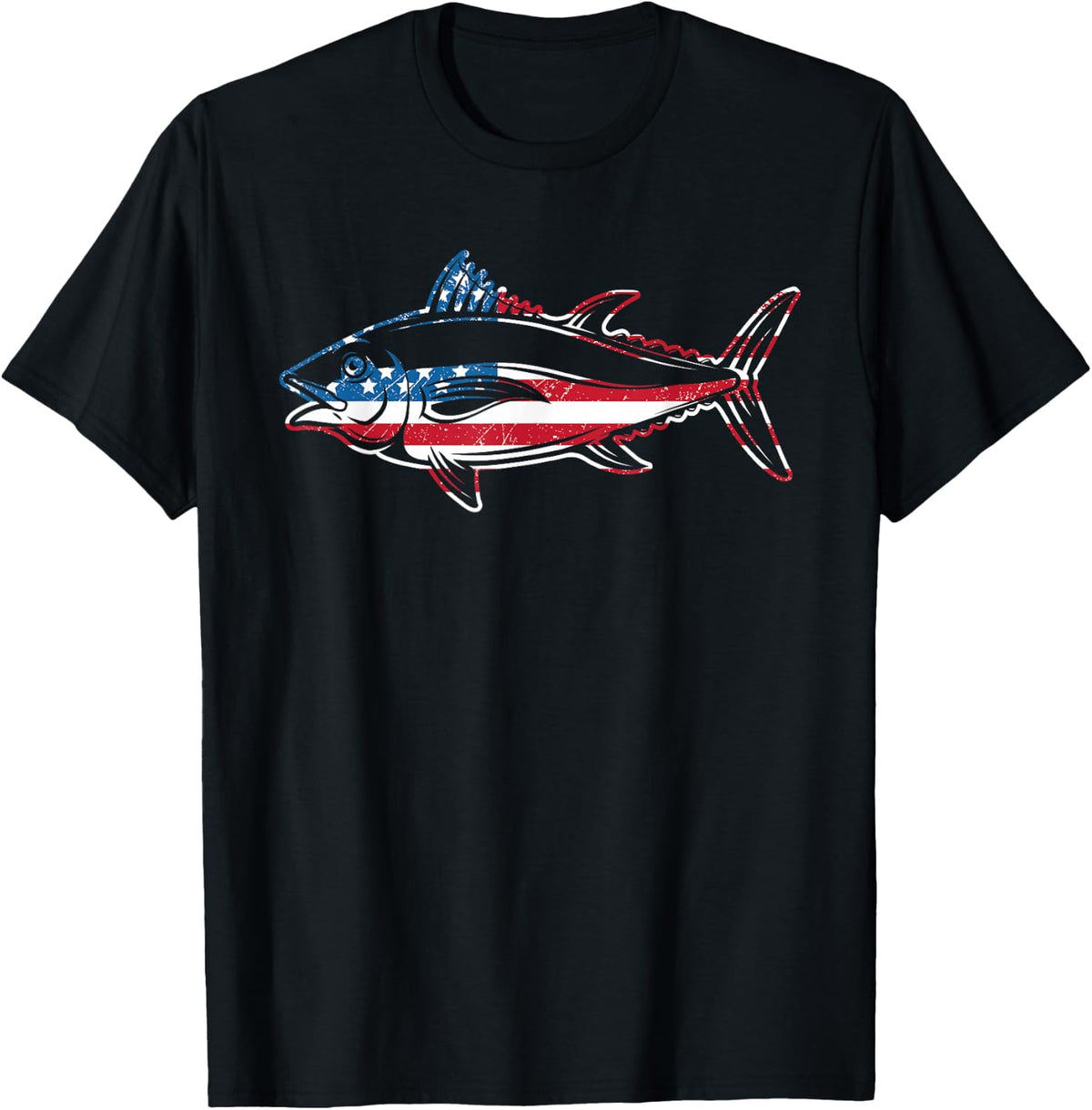Tuna Fishing American Flag Giant Bluefin Fish Fisherman T-Shirt Tees - Black
