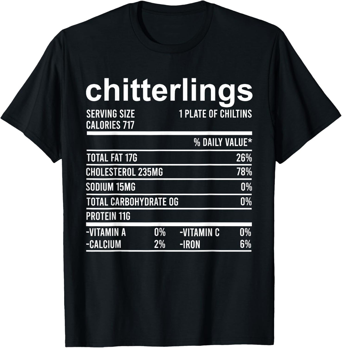 Funny Thanksgiving Apparel, Nutrition Fact Chitterlings Food T-Shirt - Black