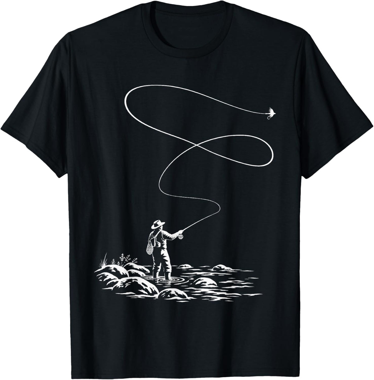 Minimal Fly Fisher Casting On River T-Shirt - Black