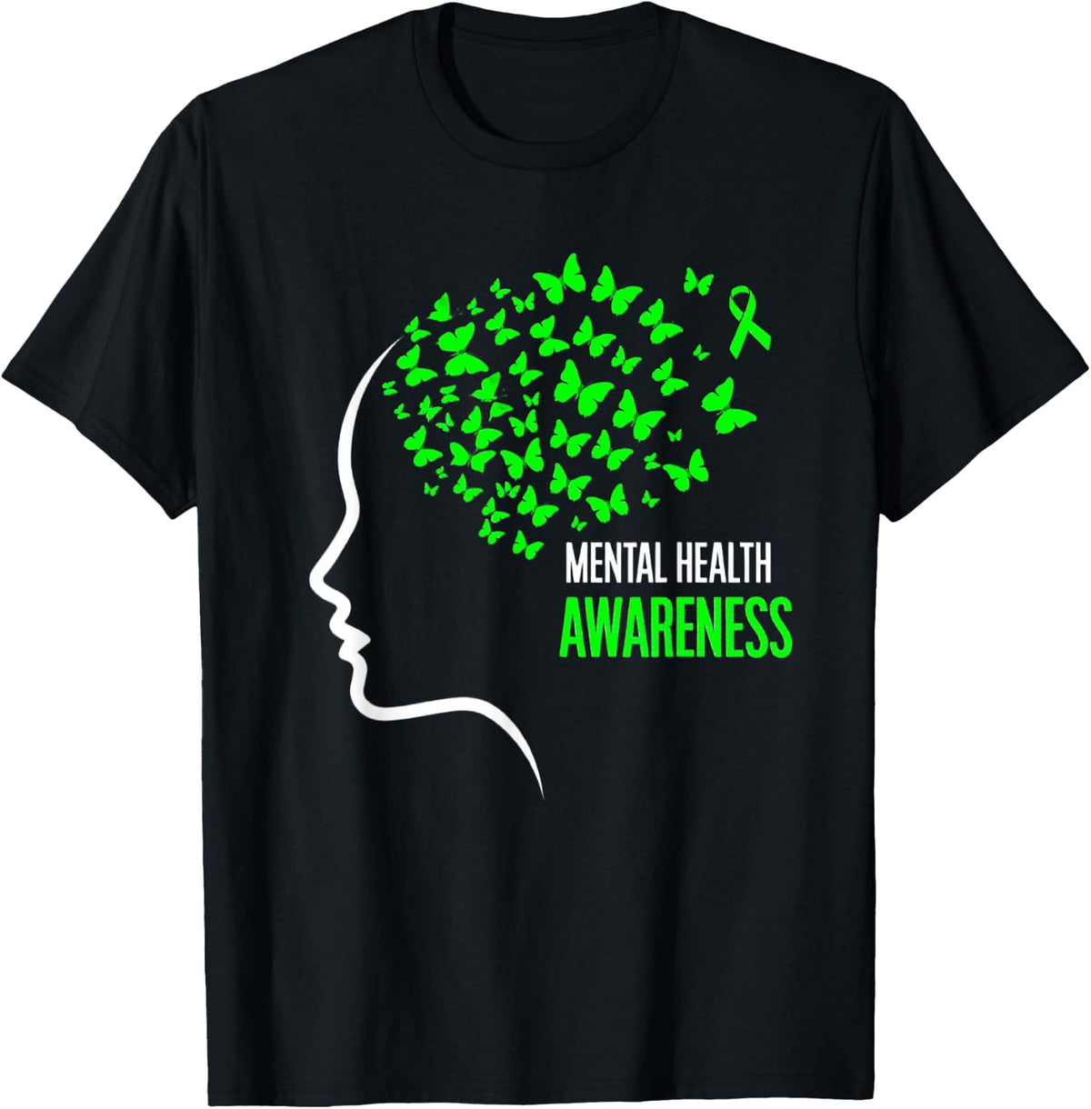 Green Butterfly Mental Health Awareness Ribbon T-Shirt - Black