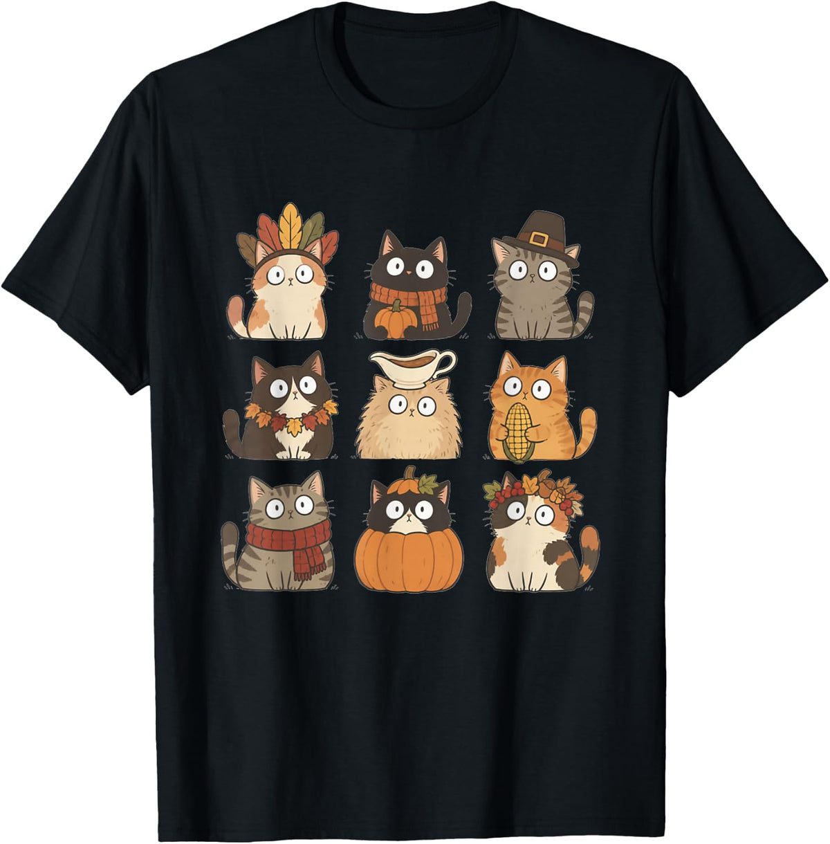 Thanksgiving Cats Cute Pumpkin Cat Funny Turkey Day Kitty T-Shirt - Black