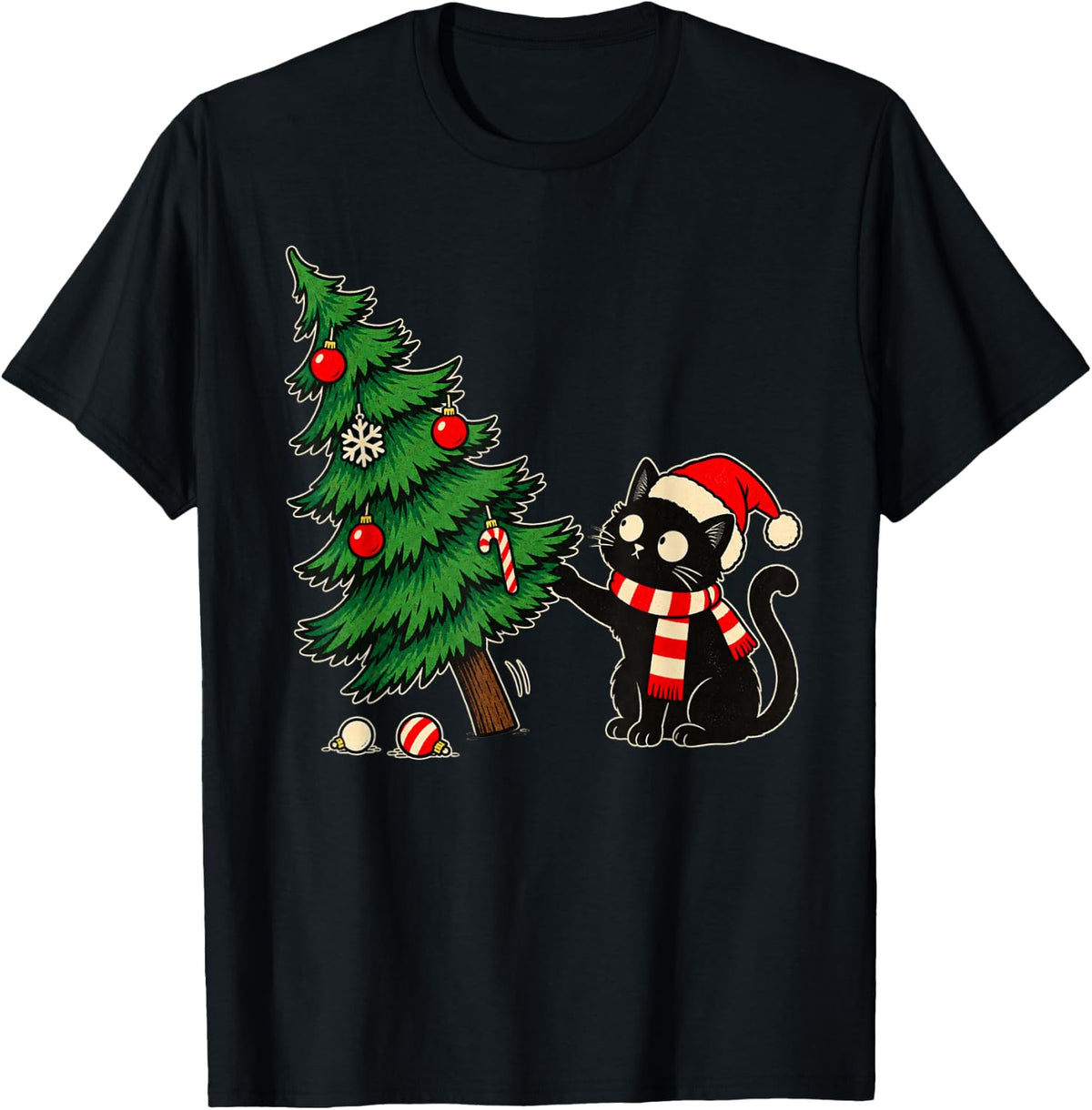 Funny Black Cat Gift Pushing Christmas Tree Men Women T-Shirt - Black