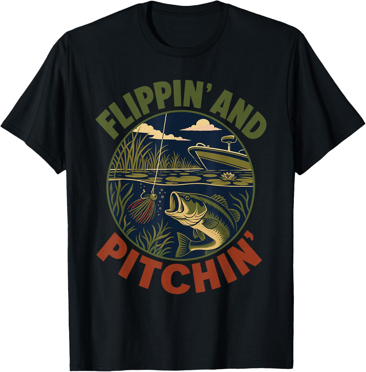 Flippin and Pitchin Bass Fishing T-Shirt - Black