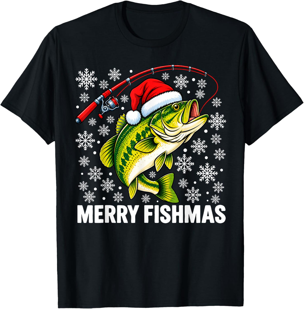 Merry Fishmas Santa Hat Bass Fish Fishing Christmas T-Shirt - Black