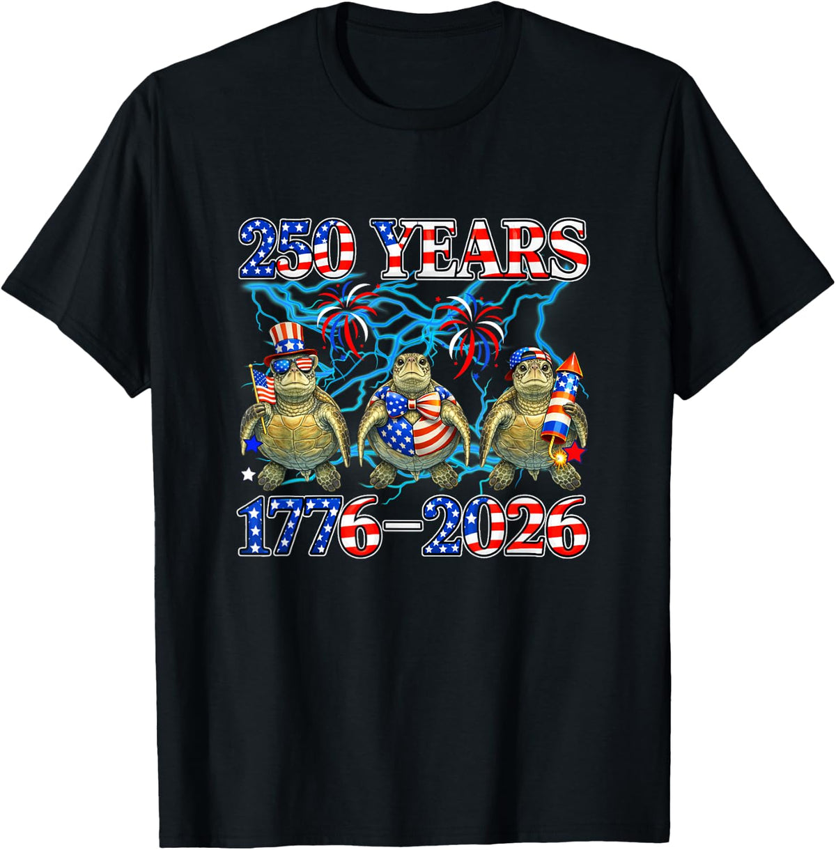 250th Freedom 1776-2026 4th July Three Cute Turtles Lover T-Shirt - Black