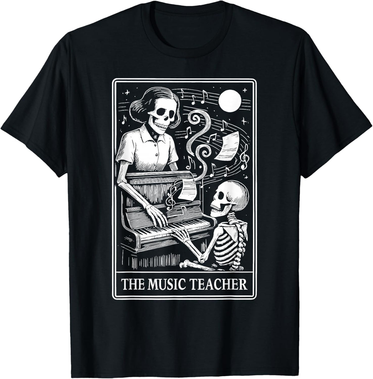 Halloween Music Teacher Tarot Card Skeleton Playing Piano T-Shirt - Black