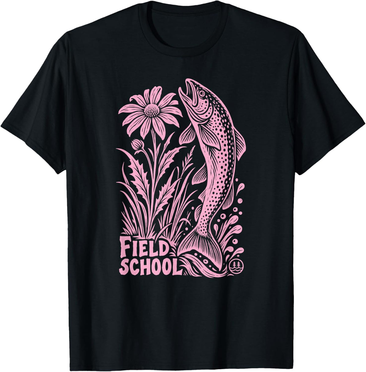 Field School Leaping Trout Nature Fishing Wildflower T-Shirt - Black