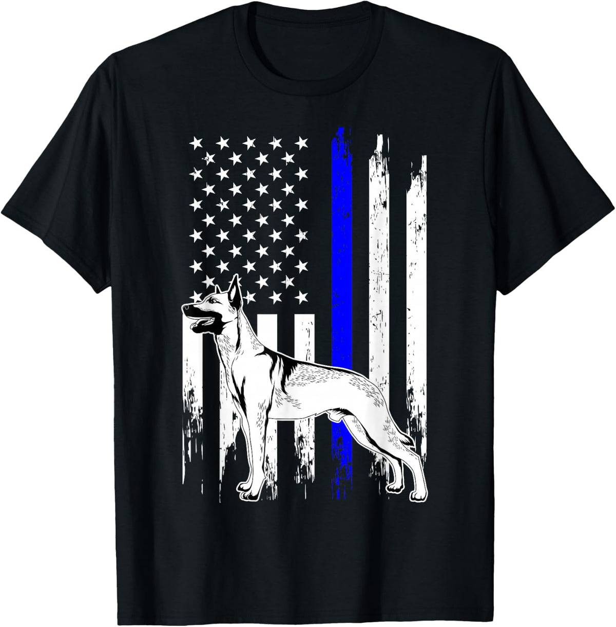 Belgian Malinois K9 Unit Thin Blue Line US Flag Police Tee T-Shirt Gift for Law Enforcement - Black