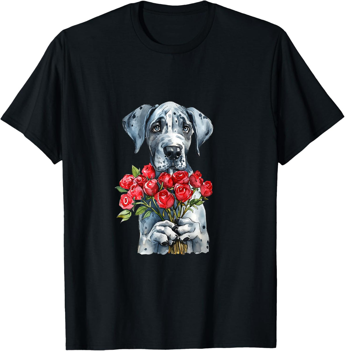 Cute Great Dane Puppy Holding Red Roses Watercolor Art T-Shirt - Black