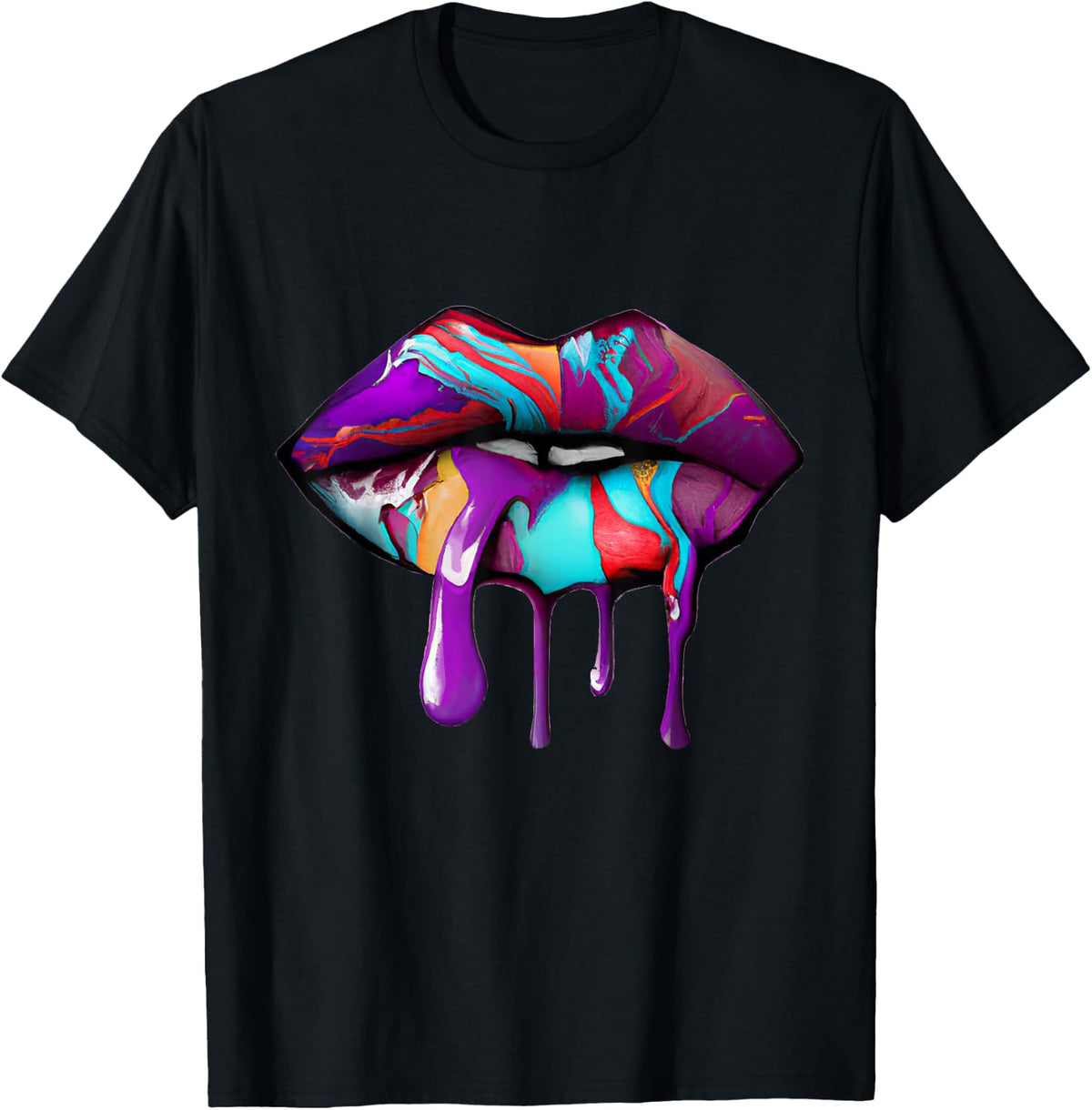 Rainbow Lips Fashion Lip Art Design Print Colorful T-Shirt Small - Black