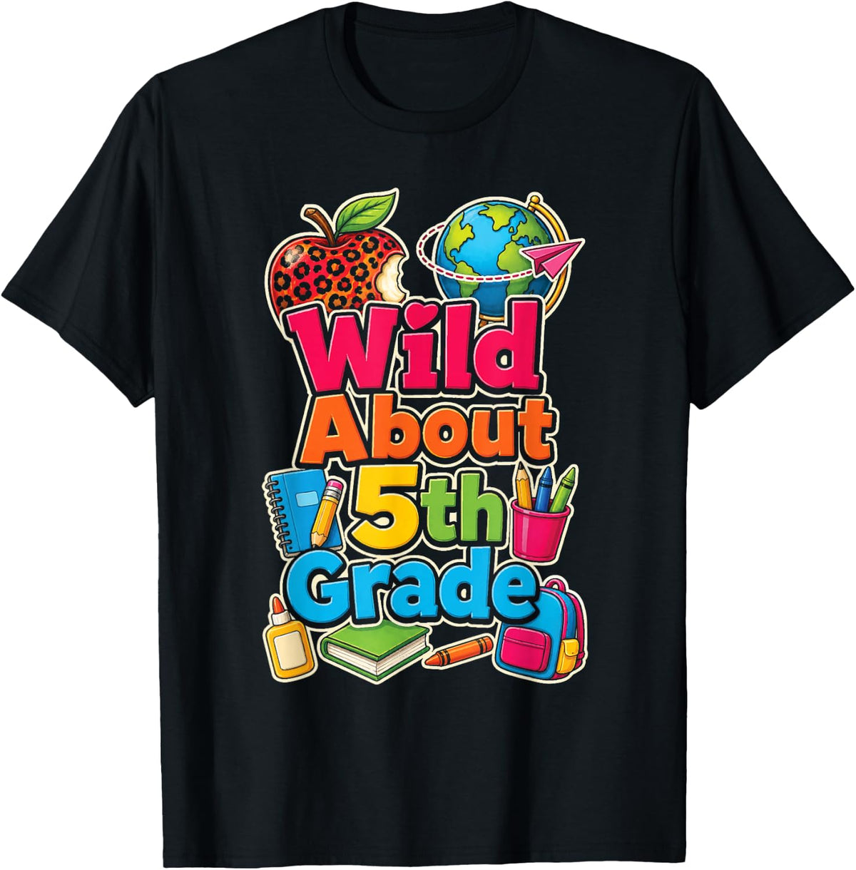 5th Grade Wild About First Day Leopard Print Globe Kids T-Shirt - Black