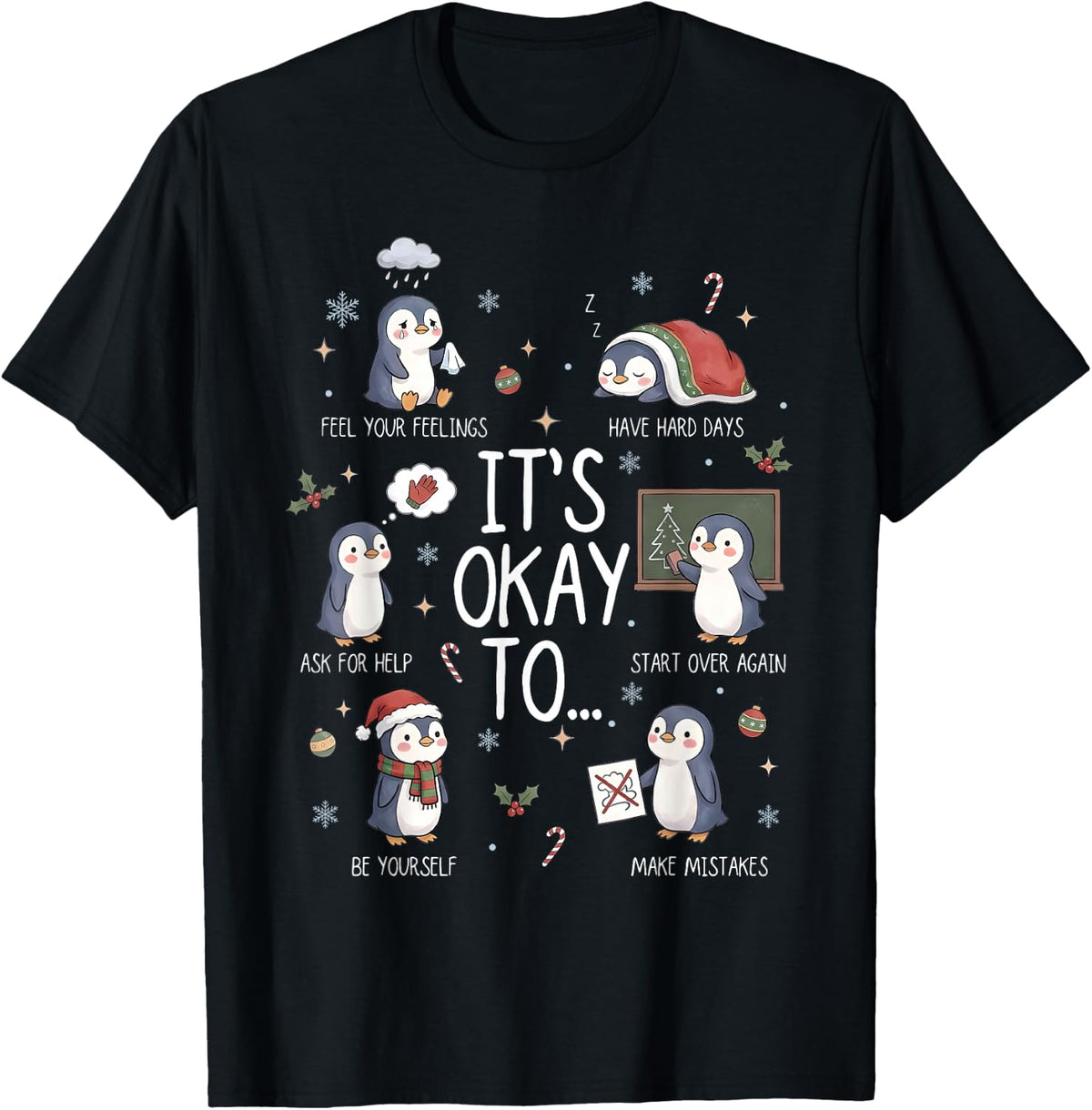Penguin It's Okay to Christmas School Social Worker Mental T-Shirt - Black