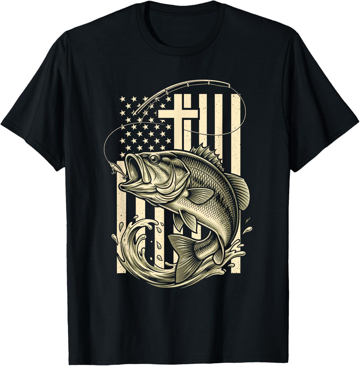 Christian Bass Fishing American Flag Cross Men T-Shirt - Black