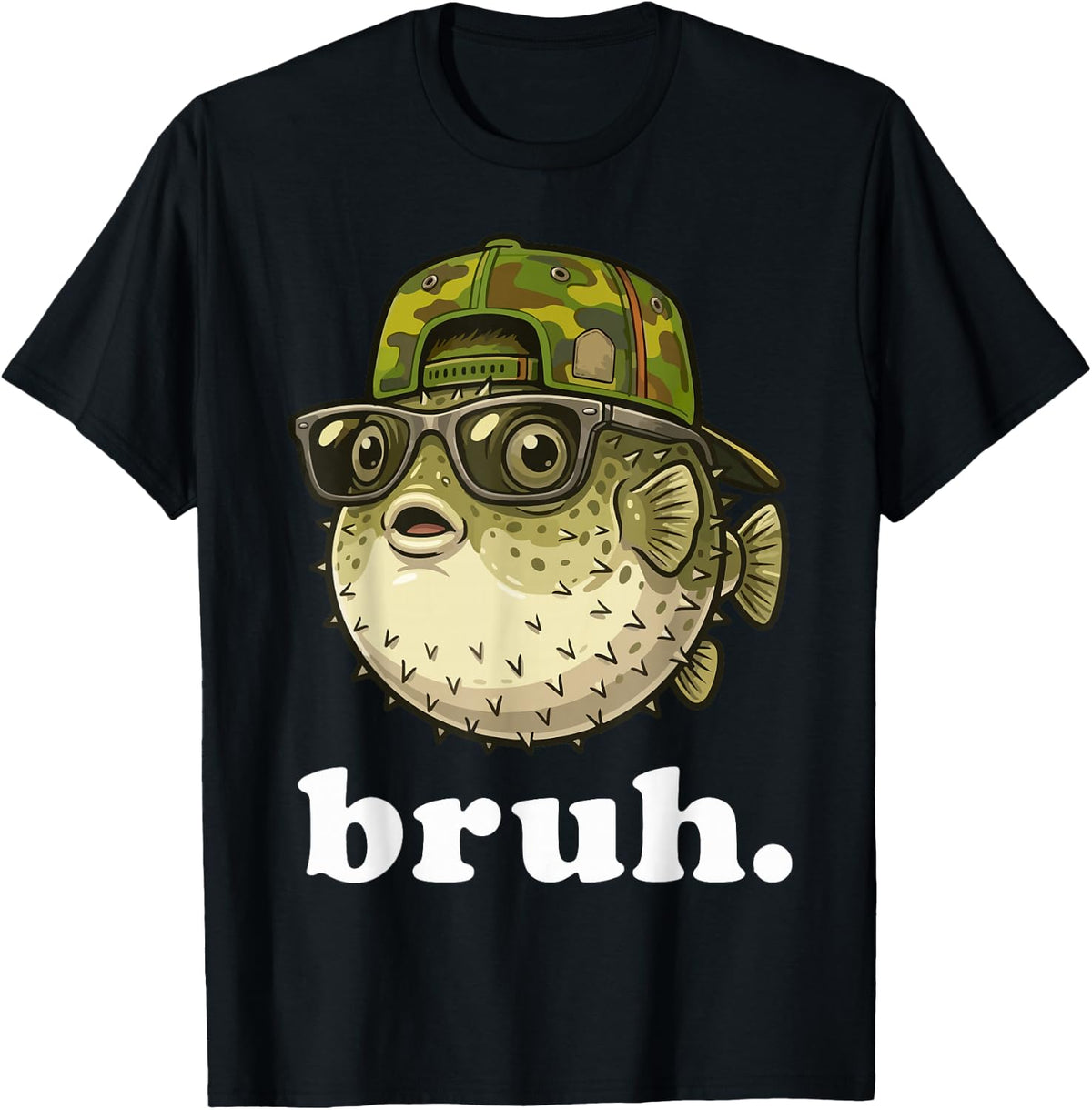 Funny Bruh Puffer Fish Meme Cool Fishing Humor Style T-Shirt - Black